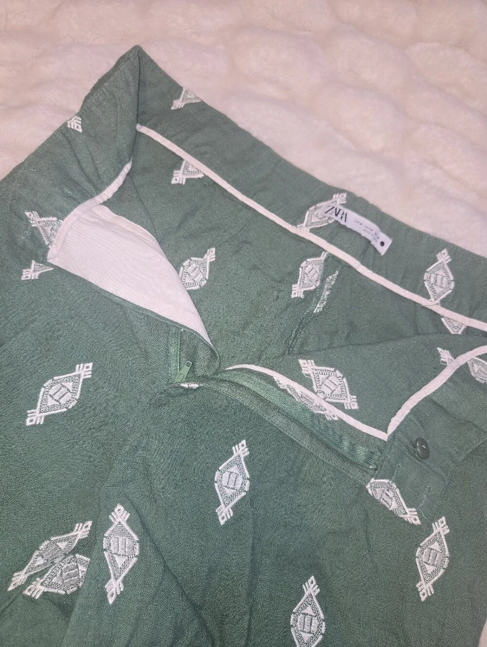 Zara Linen Green Embroidered Wide-Leg Resort [Medium] Pants Beach Tropical